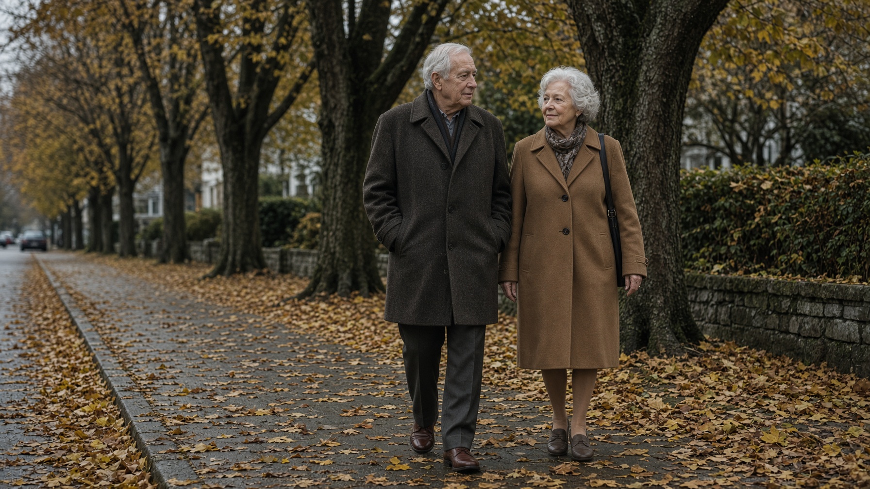 Two people walking together along a tree-lined sidewalk